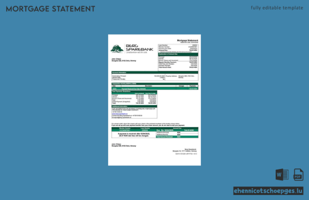 Norwegen Berg Sparebank Hypothekenabrechnung Word- und PDF-Beispielvorschau
